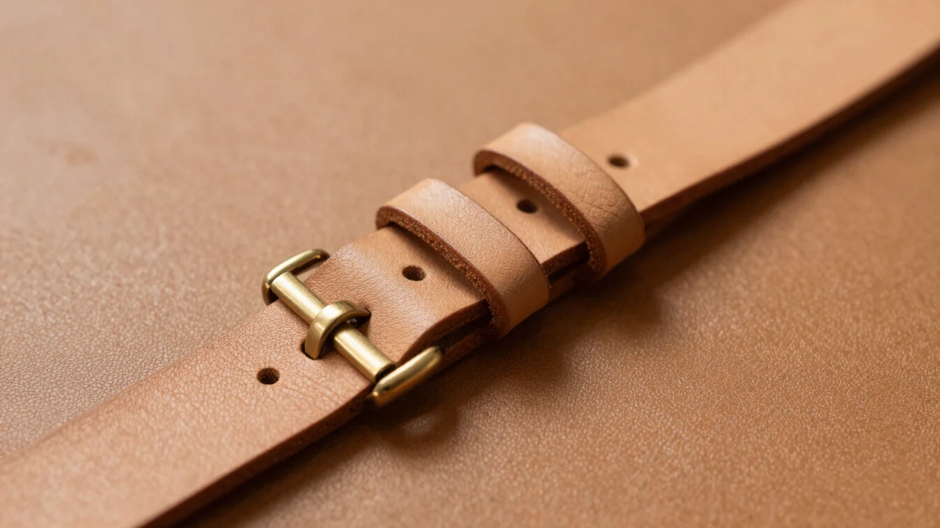 Close-up of solid brass hardware detailing on a natural tan leather strap in a clean studio setting.
