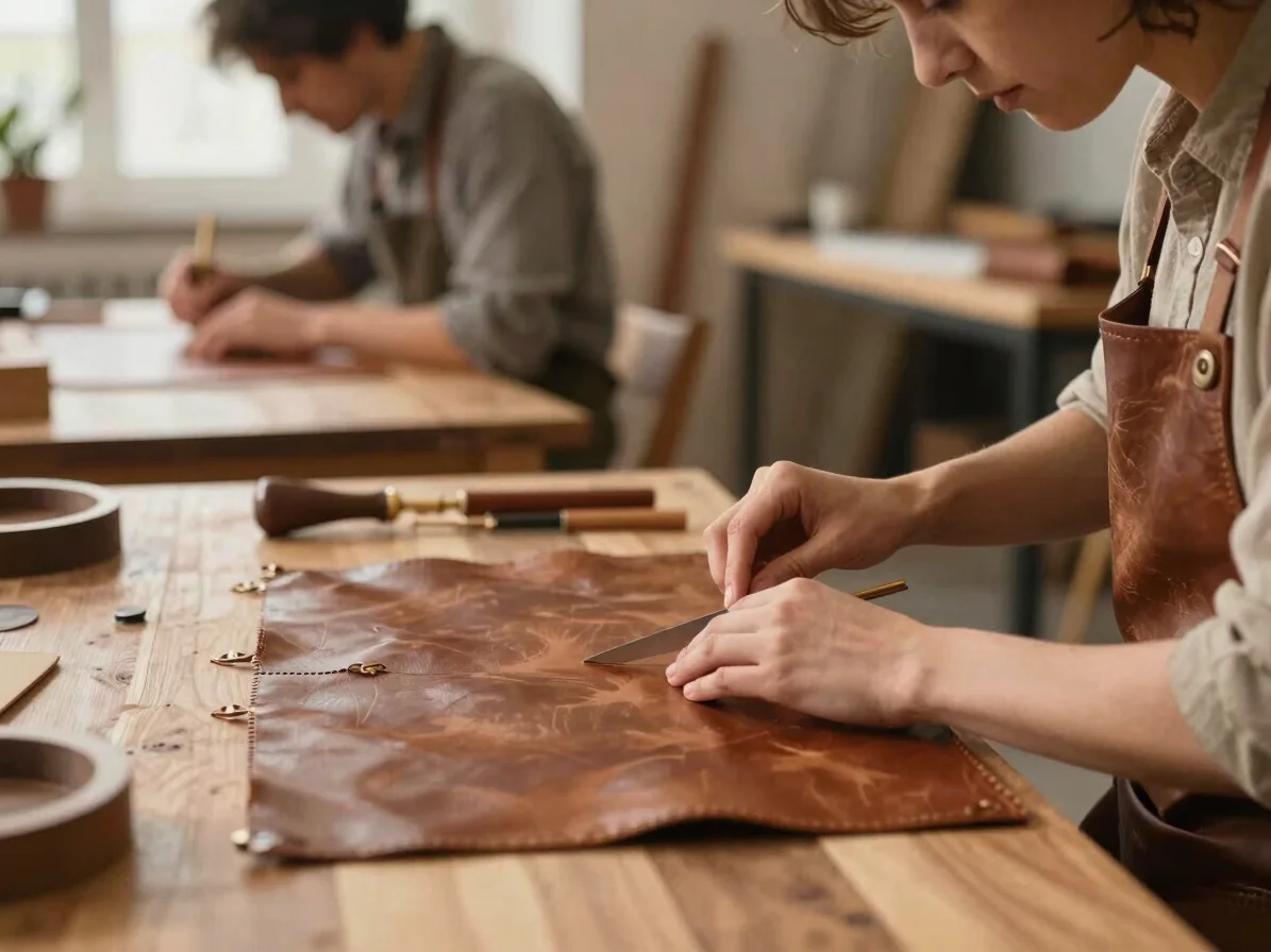 Warm editorial studio photography showing craftspeople at work on wooden cutting tables, soft natural side daylight, ric