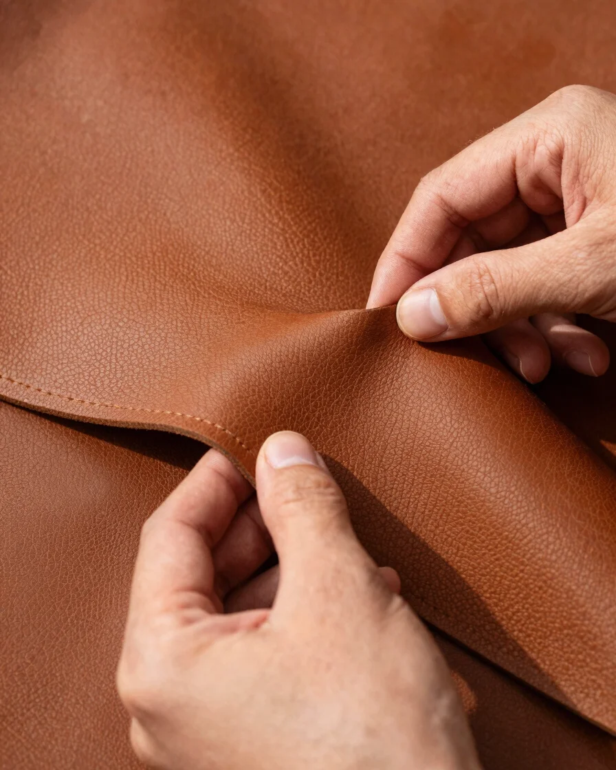 Close-up macro photography of hands inspecting vegetable-tanned leather grain textures under warm natural side daylight,