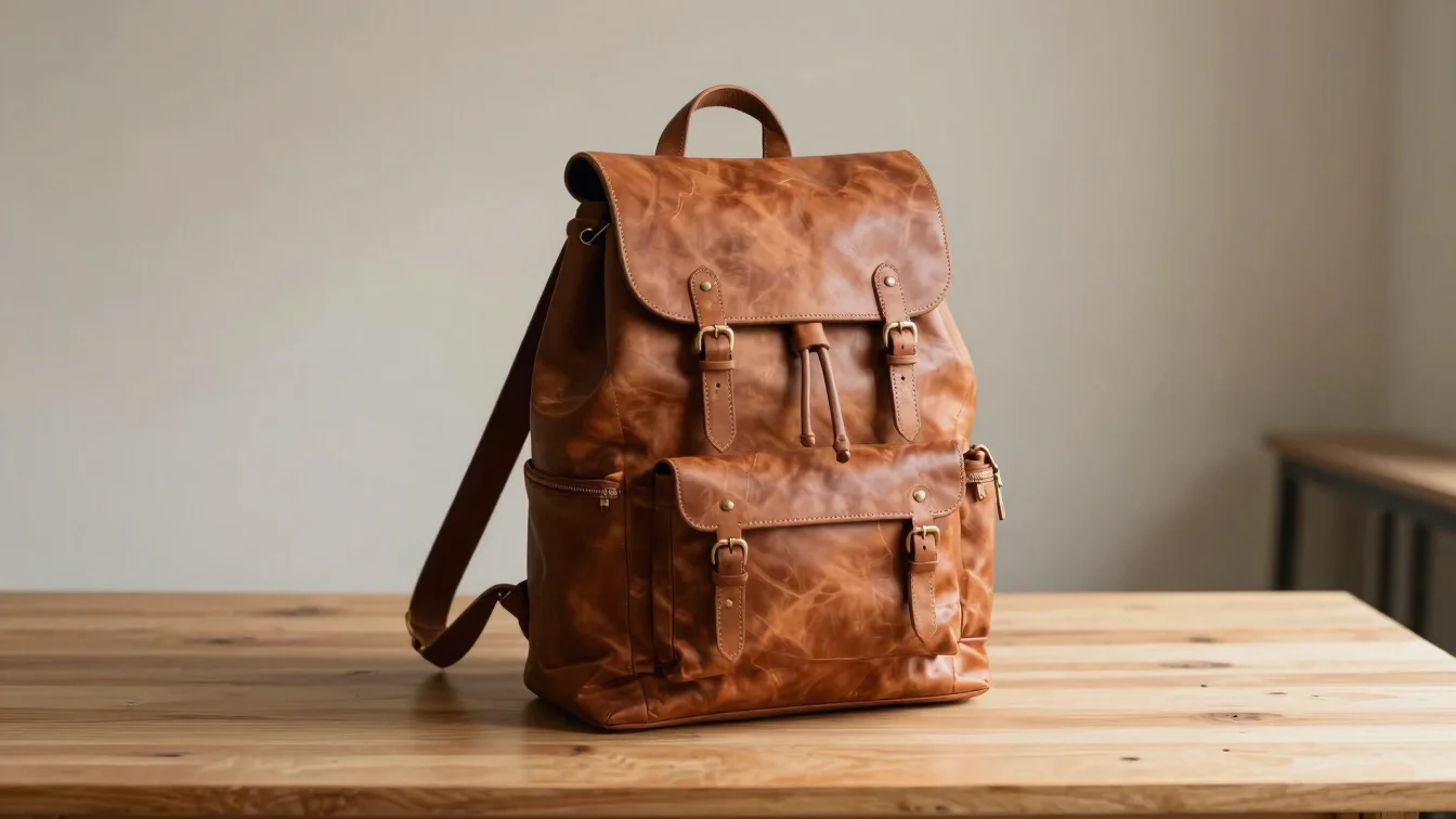Structured leather backpack on a clean studio table, natural vegetable-tanned leather, soft side lighting