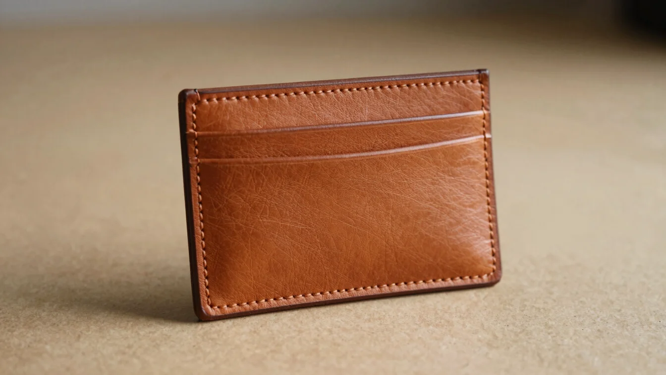 Close-up of minimalist leather cardholder edges, hand-painted edge coat, warm natural lighting