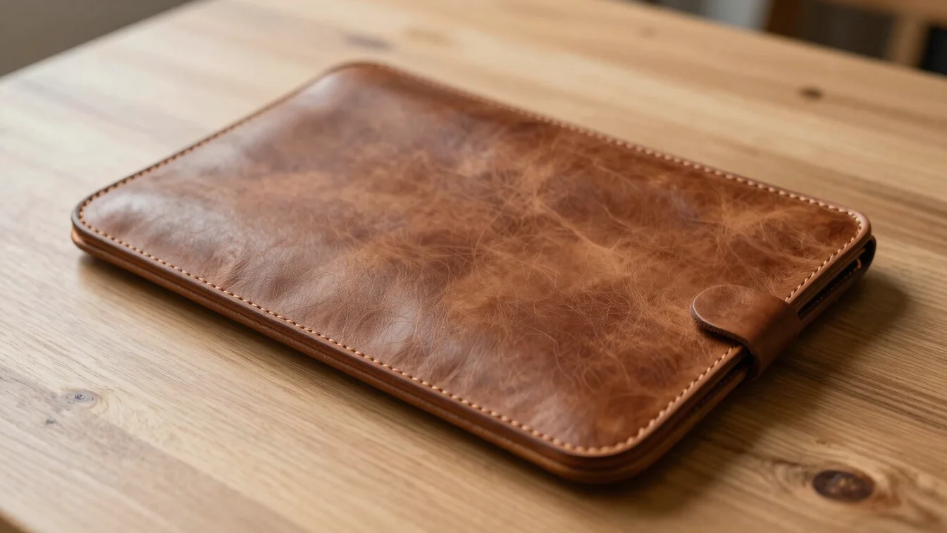 Vegetable-tanned leather laptop sleeve on a oak work surface, macro texture detail