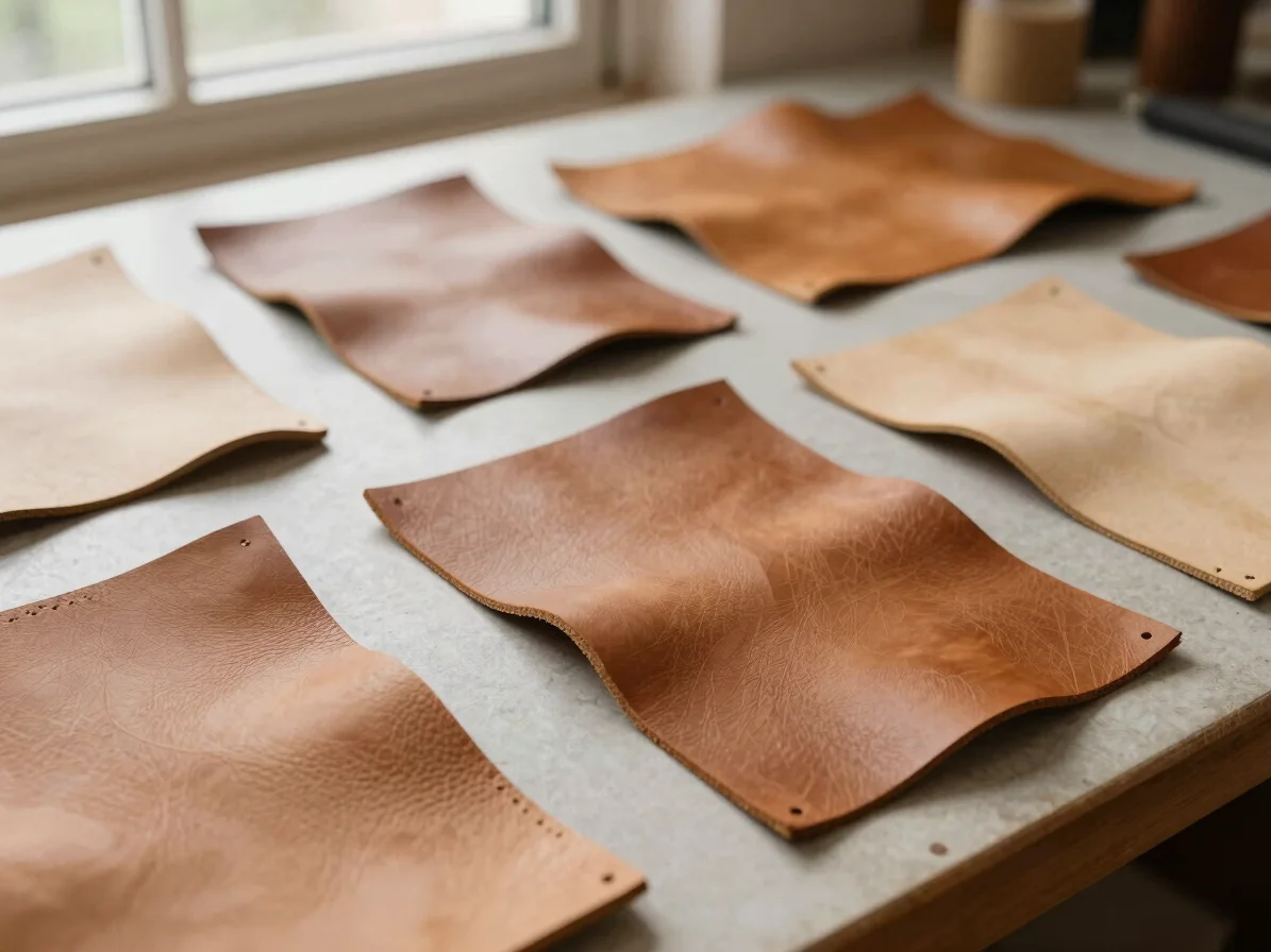 Natural vegetable-tanned leather hides and sample swatches arrang