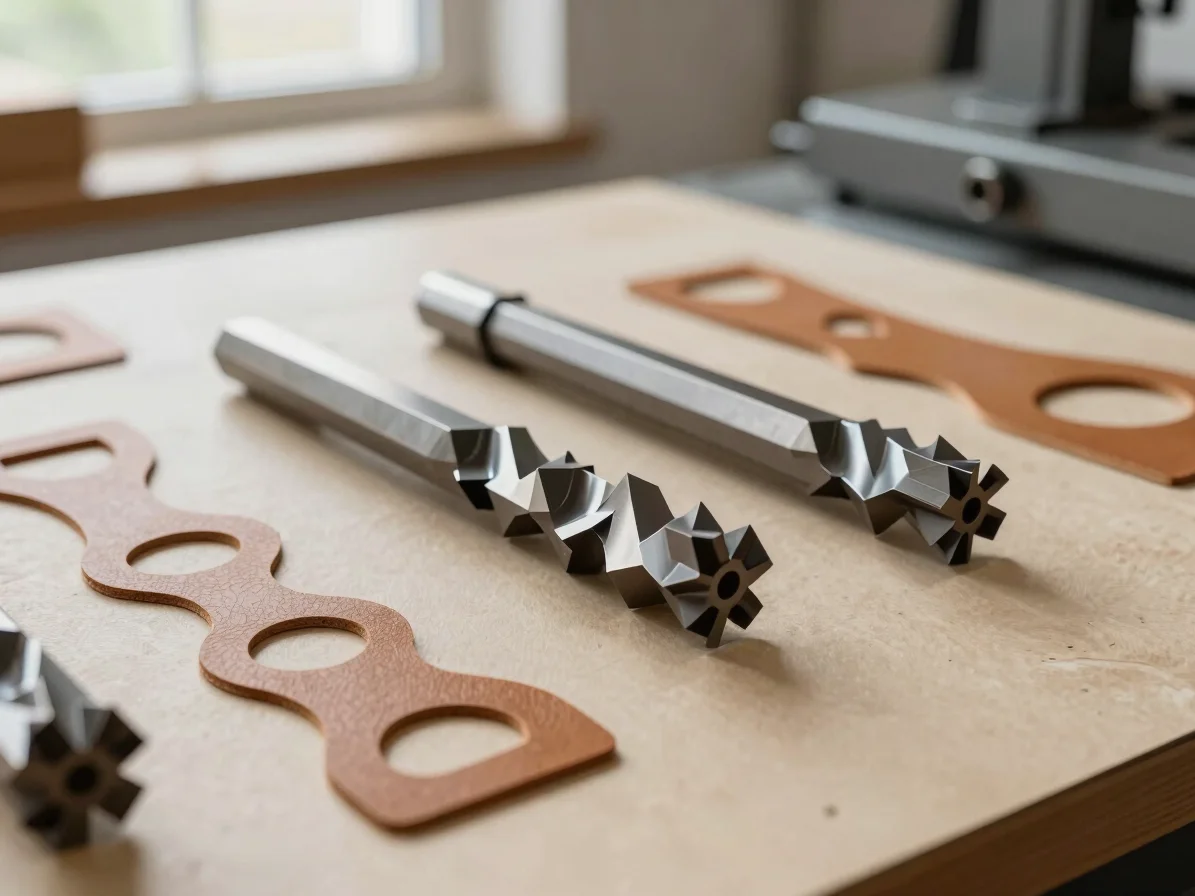 Precision metal cutting blades and leather templates on a clean w