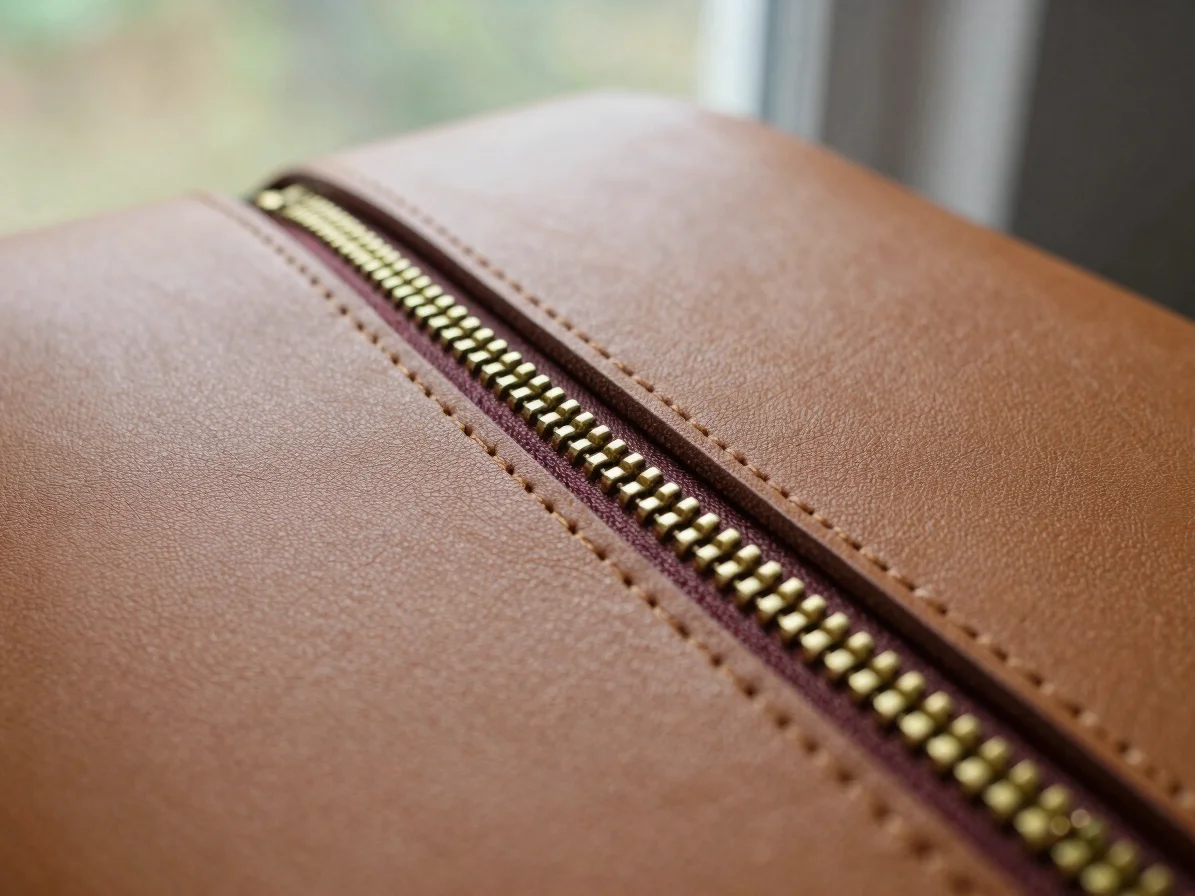 Close-up of saddle stitching and brass zipper installation on a l