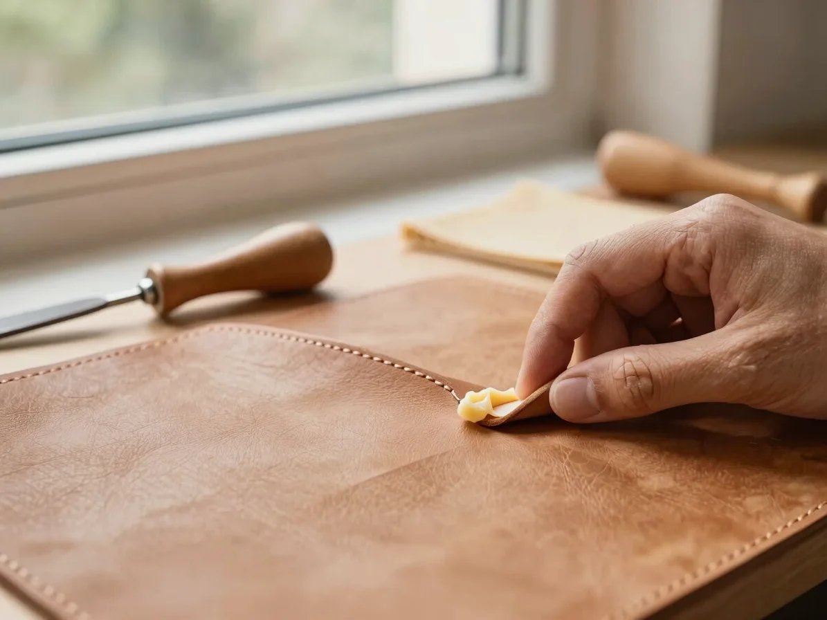 Hand-burnishing leather edges with natural wax and wooden tools i