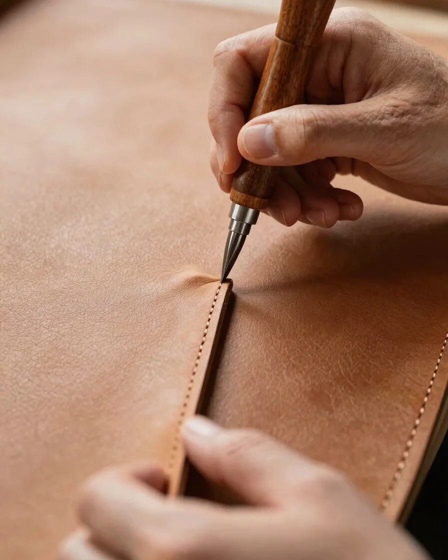 Macro close-up of hands applying precision edge paint to a vegetable-tanned leather panel, soft warm studio daylight, 50