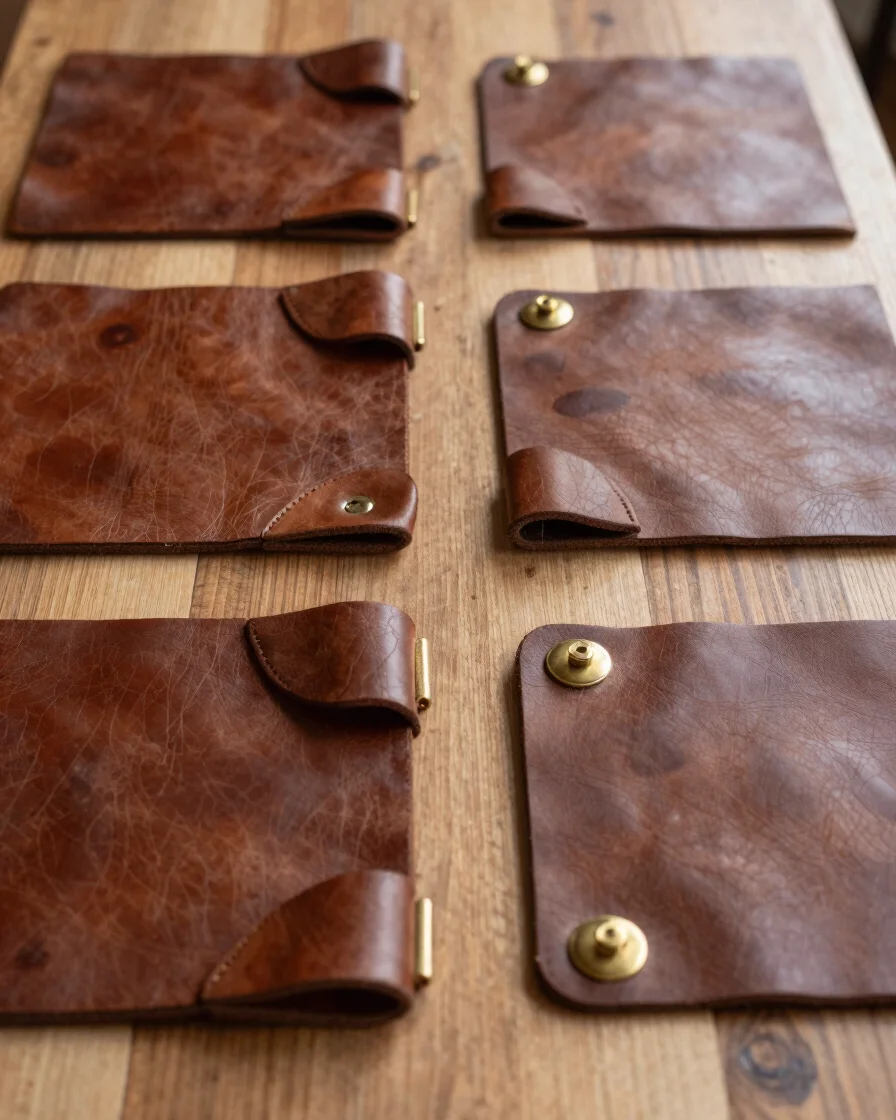 Close-up of natural leather grain textures and brass hardware components laid out on a clean wooden cutting table, warm