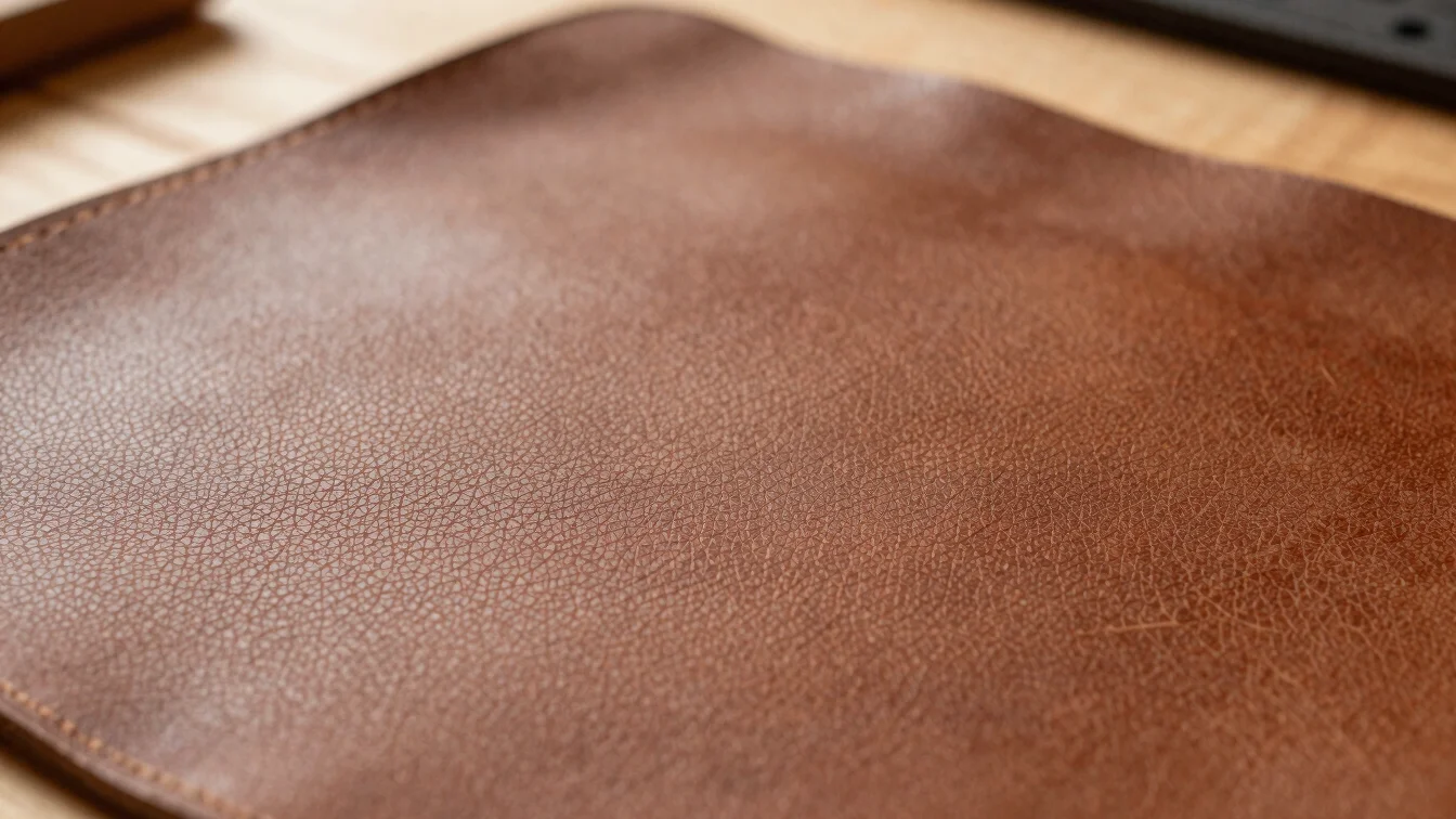 Macro close-up of vegetable-tanned leather grain texture under soft natural side-lighting on a wooden studio cutting tab