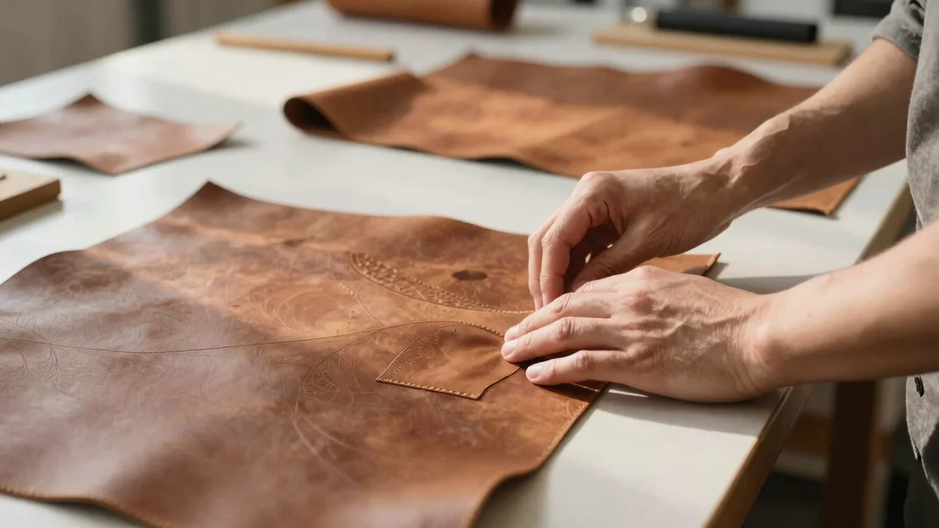 Hands at work on a cutting table inspecting pattern pieces with soft natural daylight.