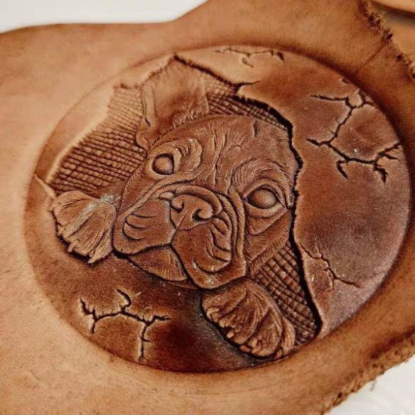 3D embossed French bulldog puppy design on leather