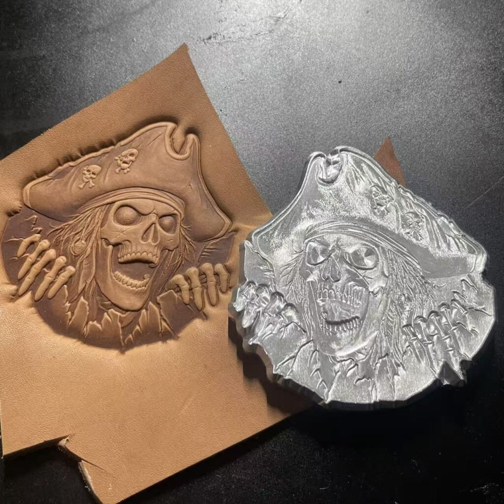 Pirate skull metal embossing stamp with leather impression