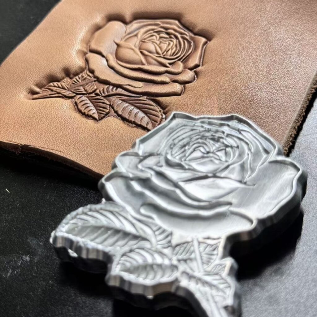 Metallic rose embossing die and embossed leather rose design