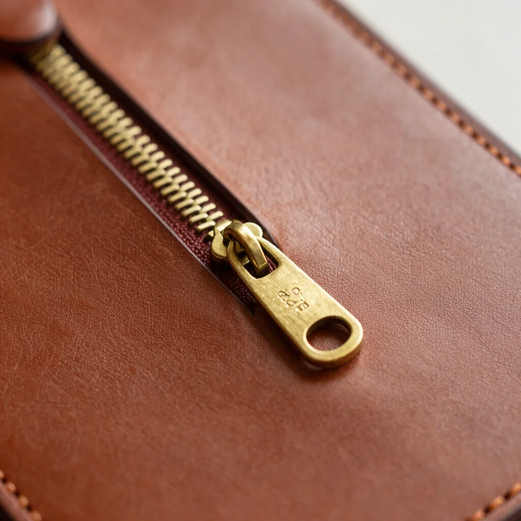 Close-up of a brass zipper and hardware assembly on a custom leather bag sample, shallow depth of field