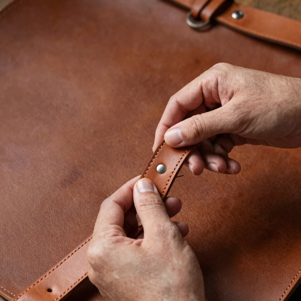 Thread tensioning and hand-stitching detail on a heavy vegetable-tanned leather strap, warm studio lighting