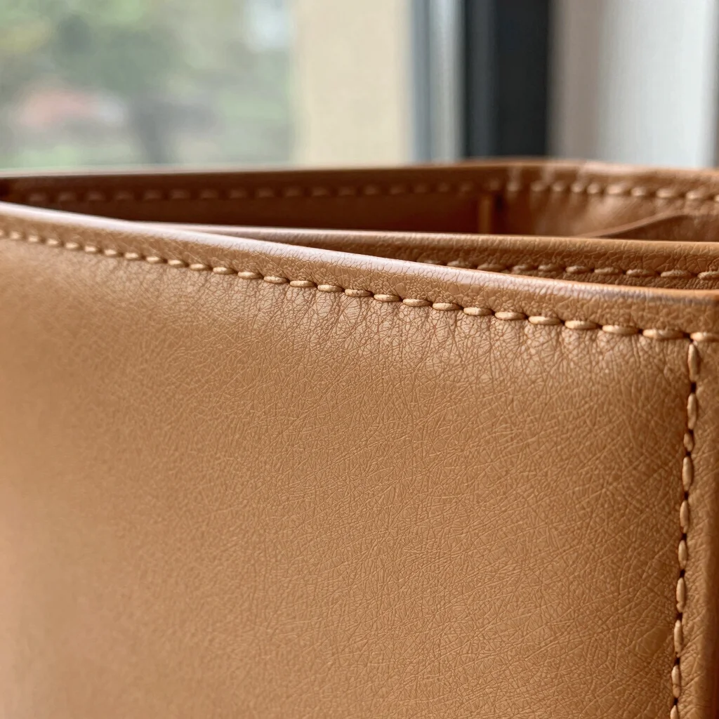 Macro focus on hand-burnished wallet edges and smooth leather grain
