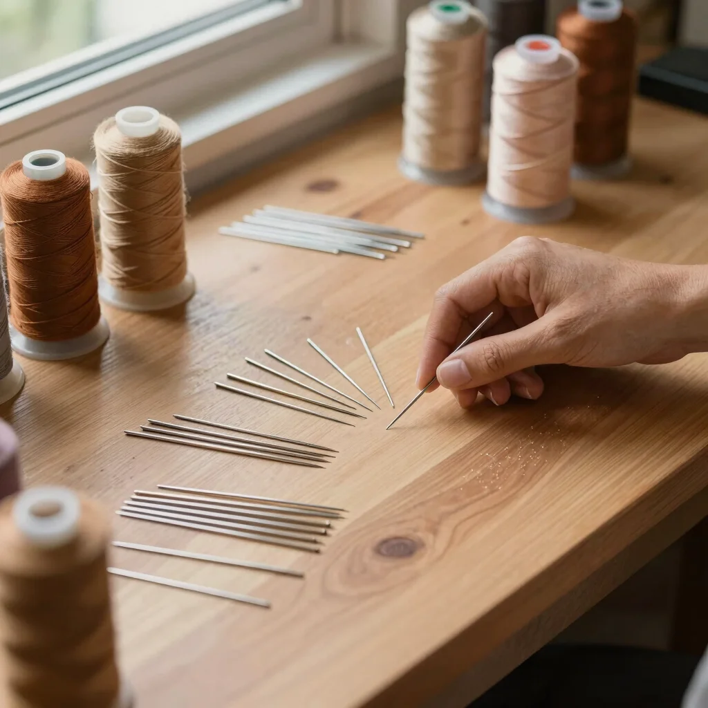 Detailed top-down workbench layout showing stitching needles and thread spools