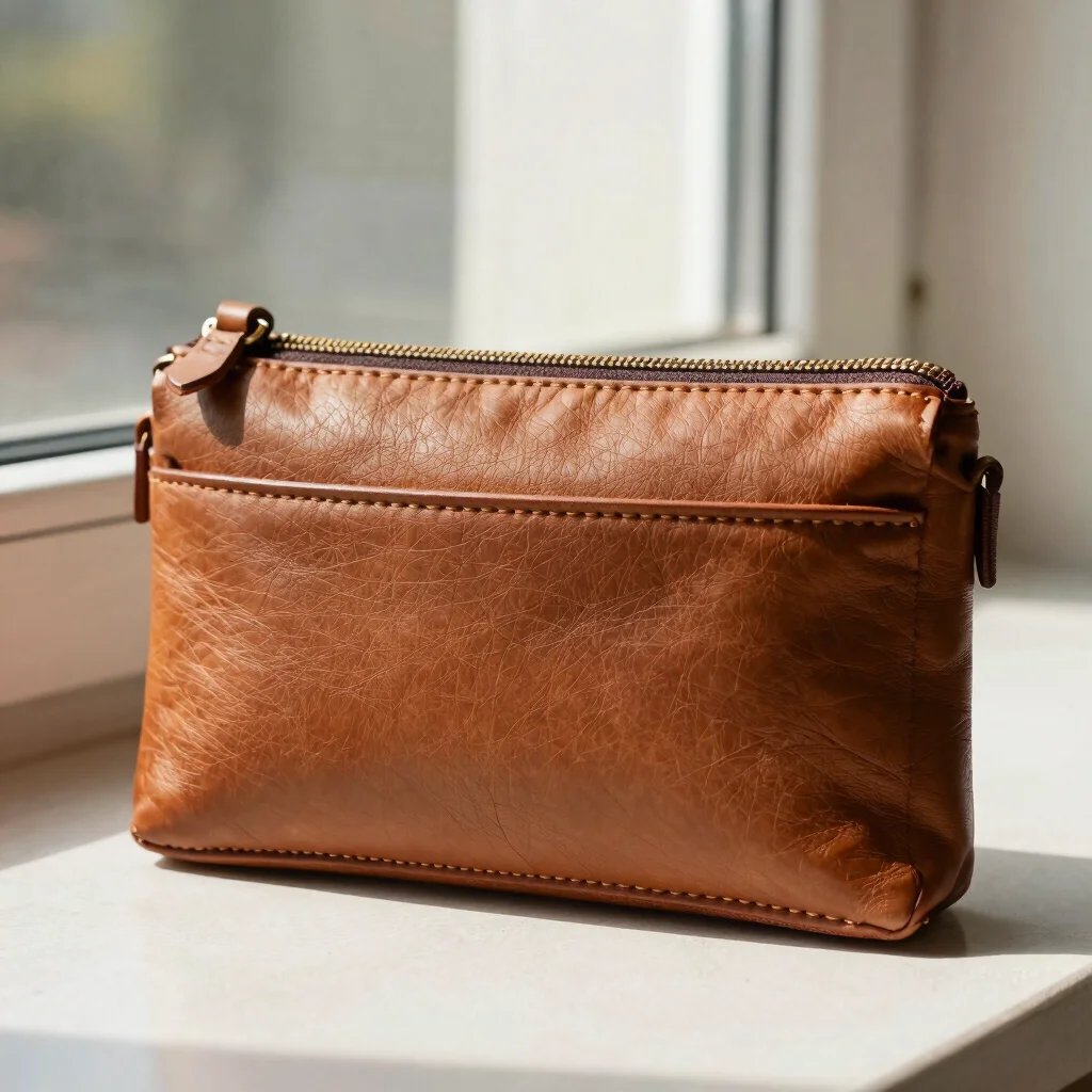 Completed small leather travel pouch resting in natural daylight