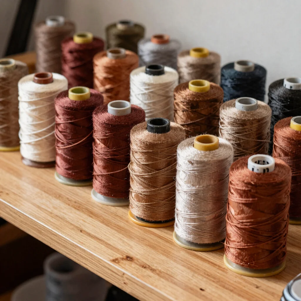 Neatly arranged spools of durable bonded nylon thread and stitching awls on a maple workbench