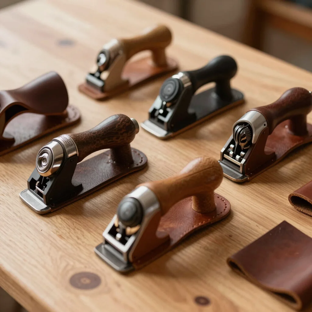 An array of finished leather edge bevelers and skiving tools resting on a warm wooden surface