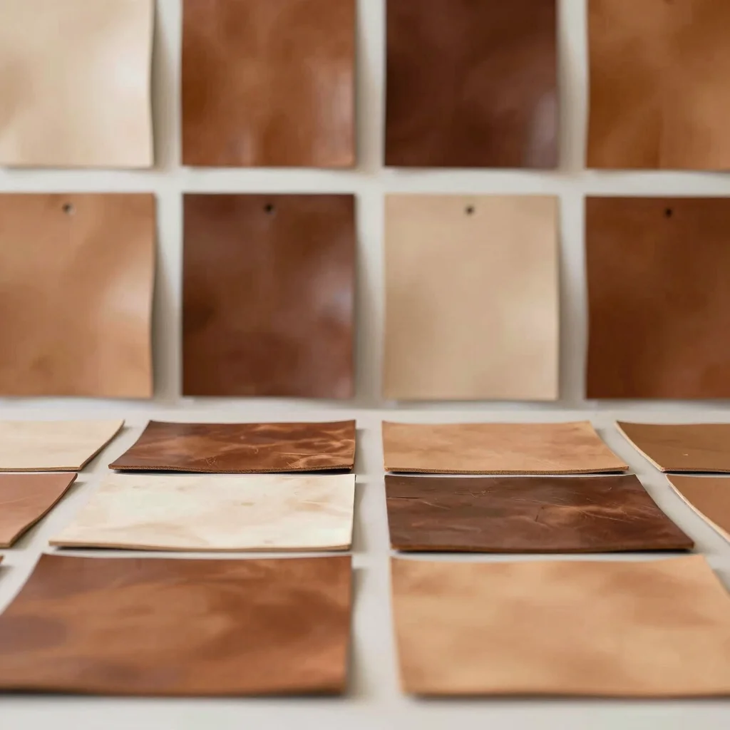 Clean studio arrangement of finished leather sample panels showcasing natural earth tones