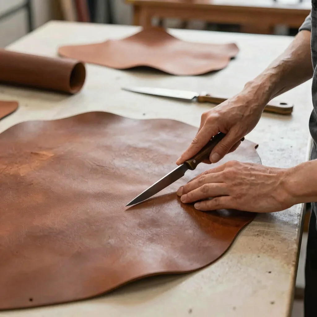 Craftsperson hands cutting leather hides with a sharp knife on a clean workshop table, natural daylight
